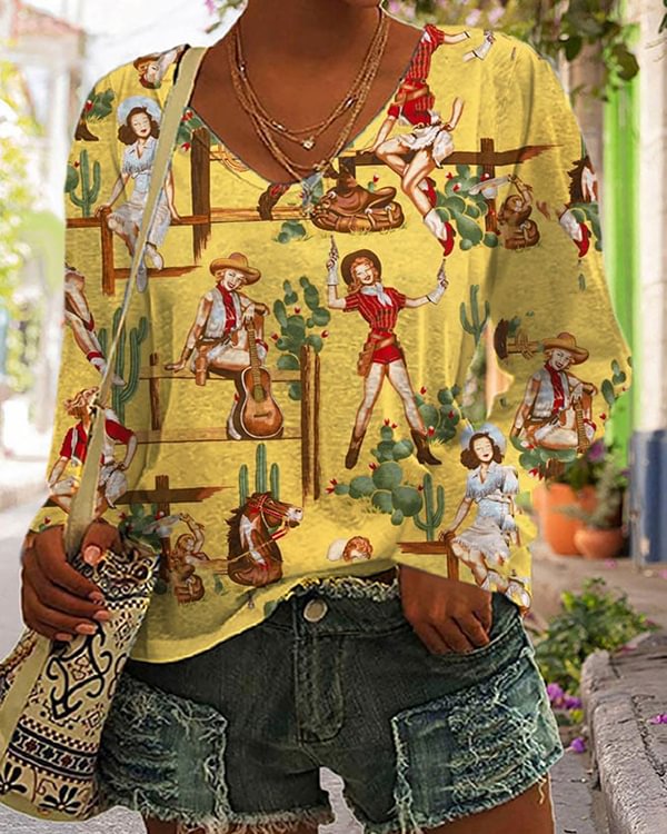 Western Retro Cowgirl Casual V-Neck Top