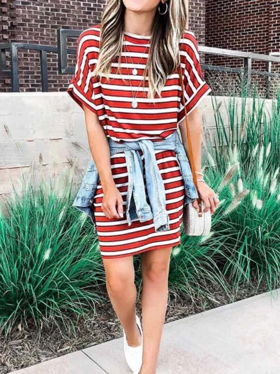 Casual Style Red Striped Mini Dress