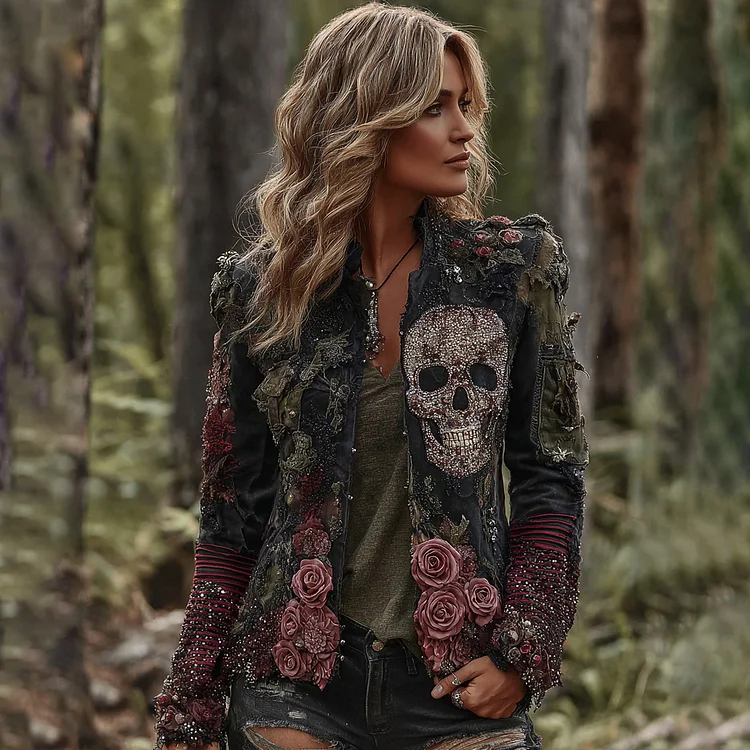 Rose Skull Embroidered Gothic Rough-contrast Denim Jacket