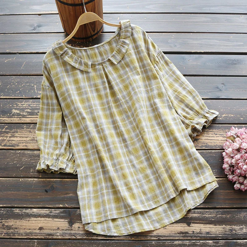 Vintage Flounce Plaid Cotton Linen Round Neck Comfy Shirt