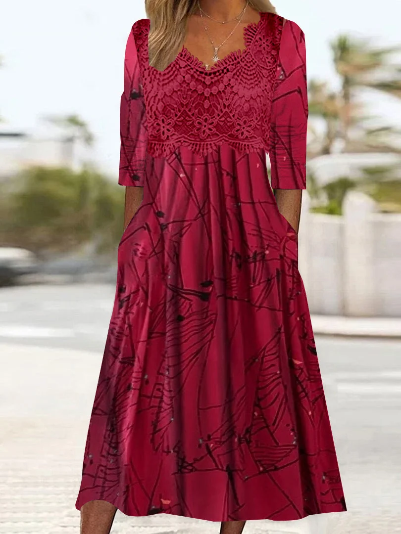 Women's Long Sleeve V-neck Graphic Printed Lace Stitching Midi Dress