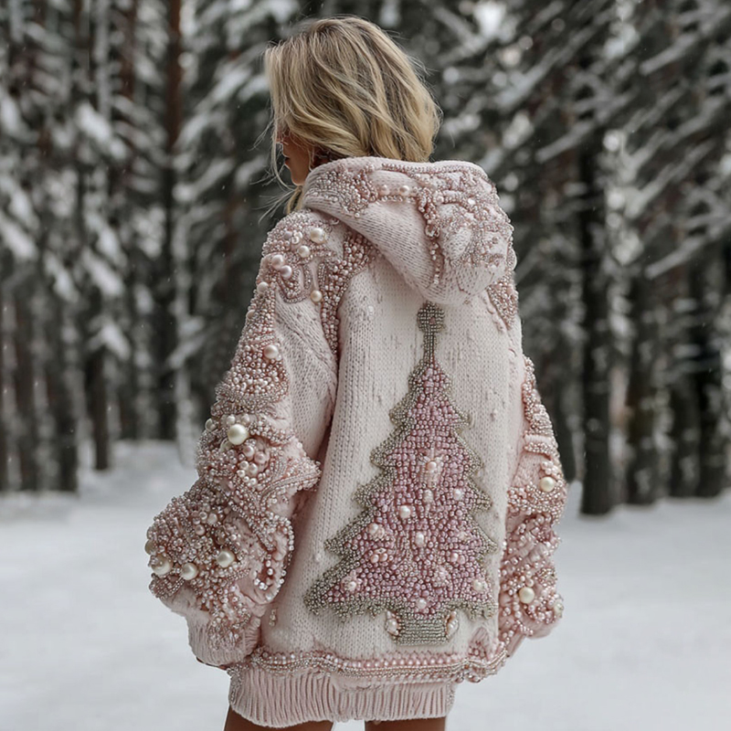 Women's Pearl Christmas Tree Knit Jacquard Cozy Hooded Sweater