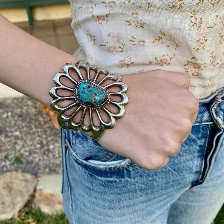 Vintage Navajo Tufa Stone Cast Sterling Silver Bracelet with Crow Springs Turquoise