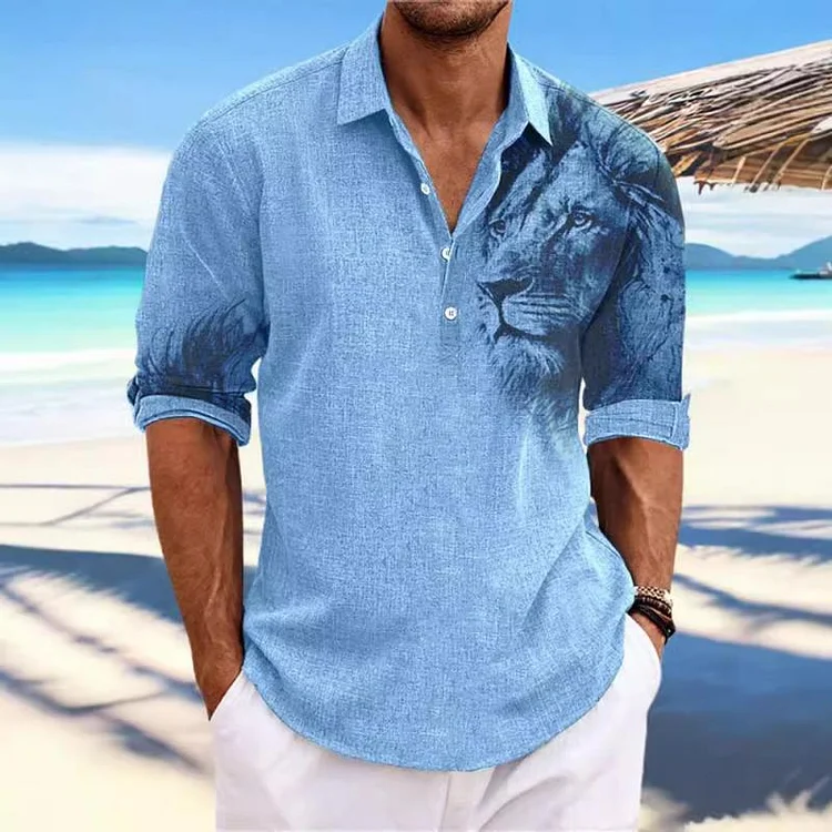 Men's Printed Linen Lapel Long Sleeve Casual Shirt 32278270Z