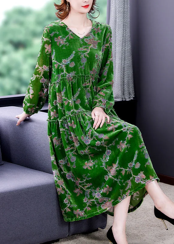 Fashion Green Ruffled Patchwork Velour Dresses