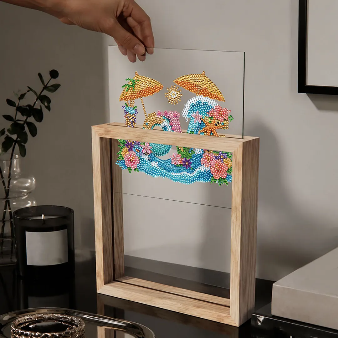 Beach Love DIY Special Shaped Drill Wooden Diamond Painting Tabletop Ornaments Kit with Photo Frame Desktop Diamond Art Kits Double-Sided Pattern for Adults/Beginners Home Decor