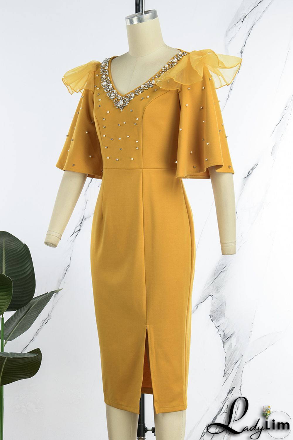 Yellow Casual Solid Patchwork Slit Beading V Neck One Step Skirt Dresses