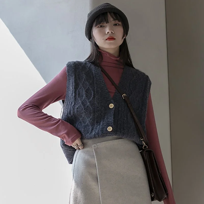 Women Sweater Vest Fresh Lovely Students Hong Kong Style Retro Outwear Gentle Ulzzang V-neck Single Breasted Leisure Fashion Ins