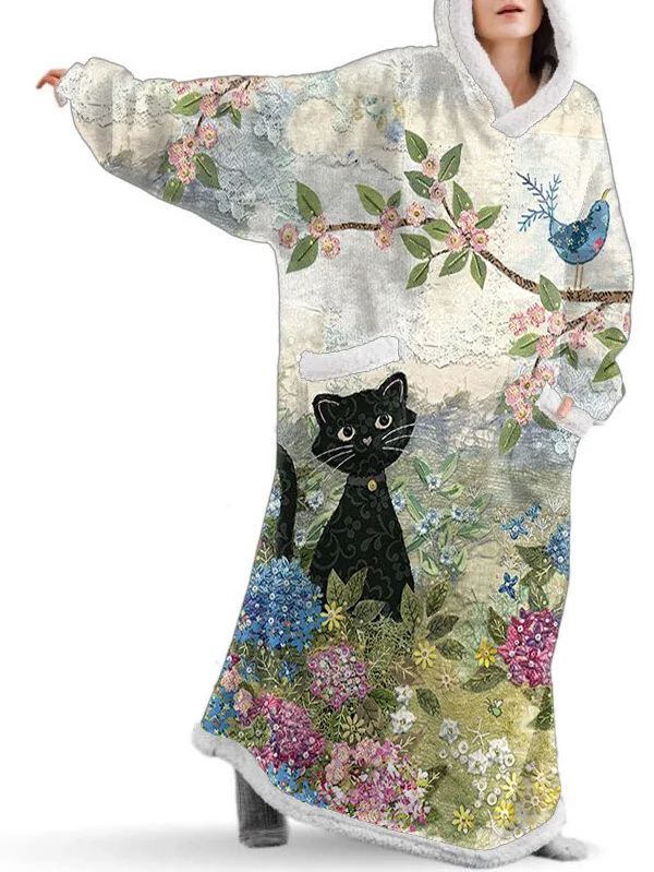 Retro Floral Cat Print Fleece Oversize Blanket Long Hooded Pajamas Hoodie