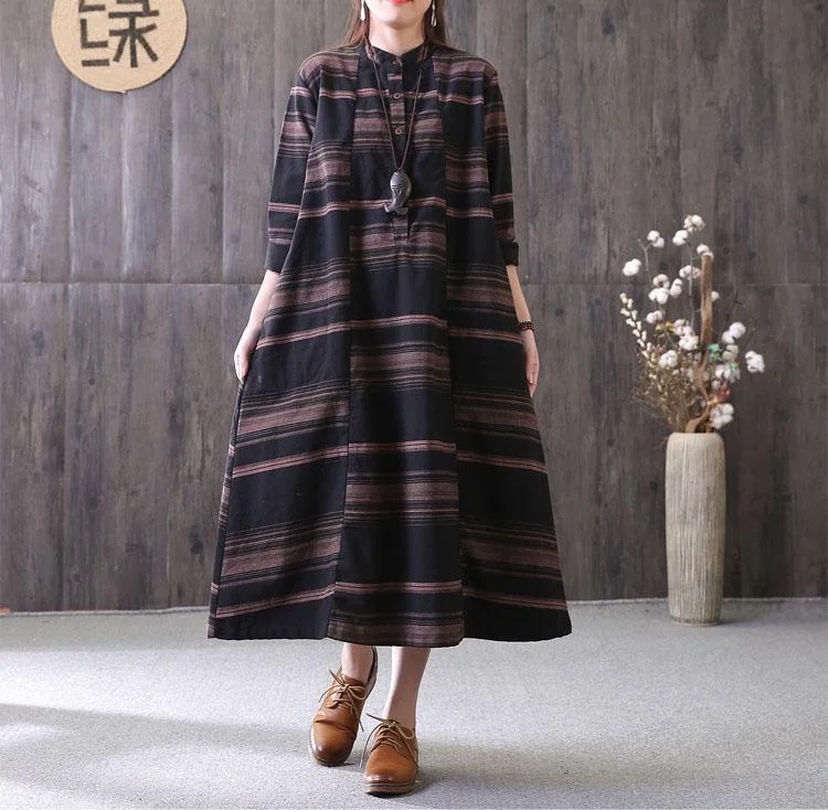 DIY stand collar drawstring tunic dress Outfits black striped Maxi Dress
