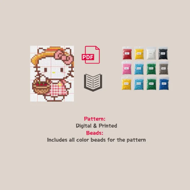 Straw Hat Kitty Pixel Pattern Fuse Bead Kit  | Cute DIY Fuse 1043 Beads Set
