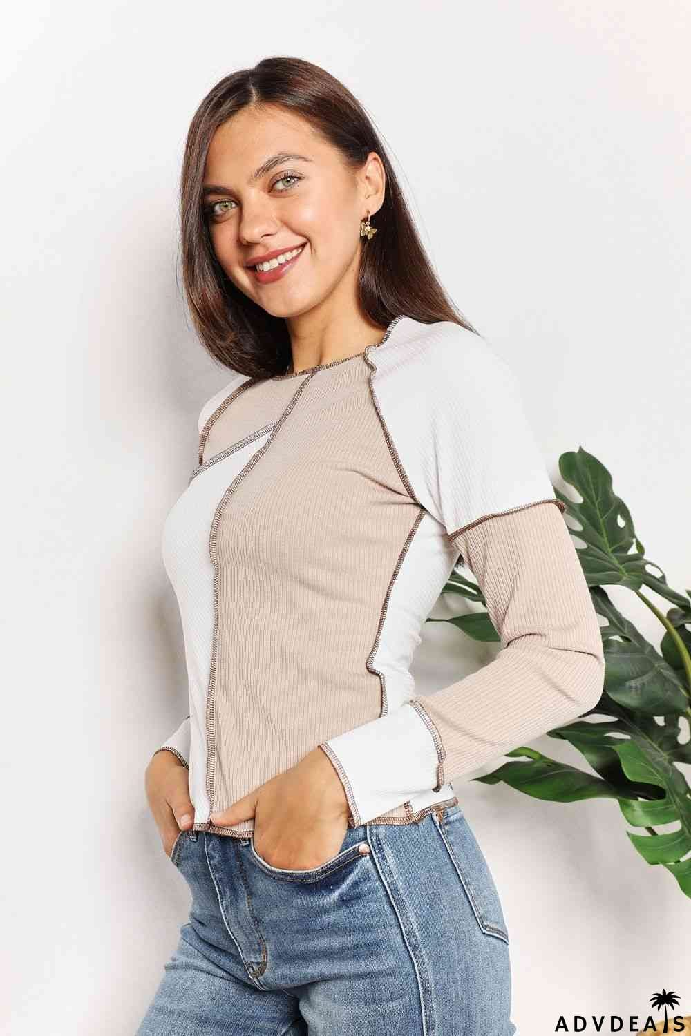 Double Take Color Block Exposed Seam Top