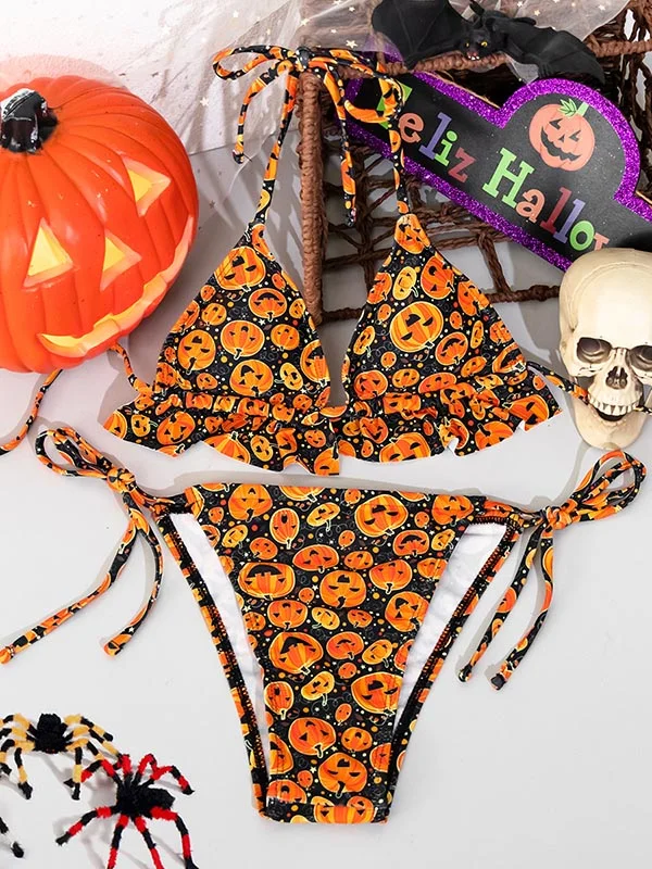 Pumpkin Print Backless Triangles&Tie Side Bikini Swimwear