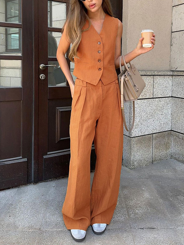 Sleeveless Button Up V Neck Vest & Wide Leg Pants