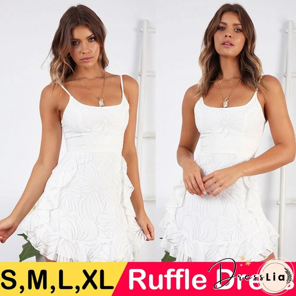 Summer Dress Sleeveless Spaghetti Strap Mini Ruffle Dress Women White Elegant Party Dress Vestidos