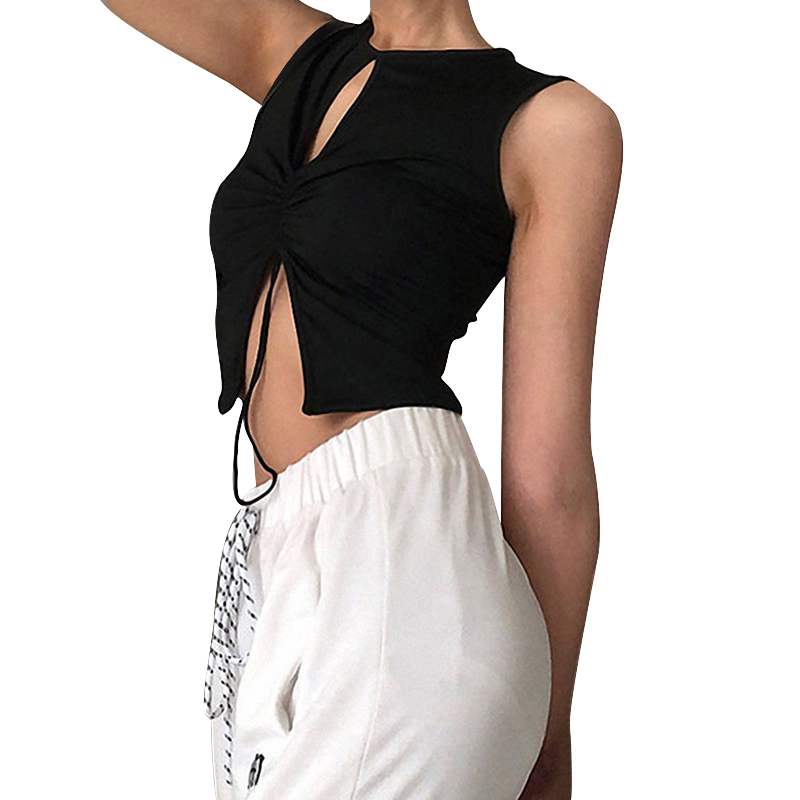 Mutualwheels Summer Women Tank Tops Sleeveless Cut Out Drawstring Crop Tops Solid Color Casual Sexy Slim Vest Female