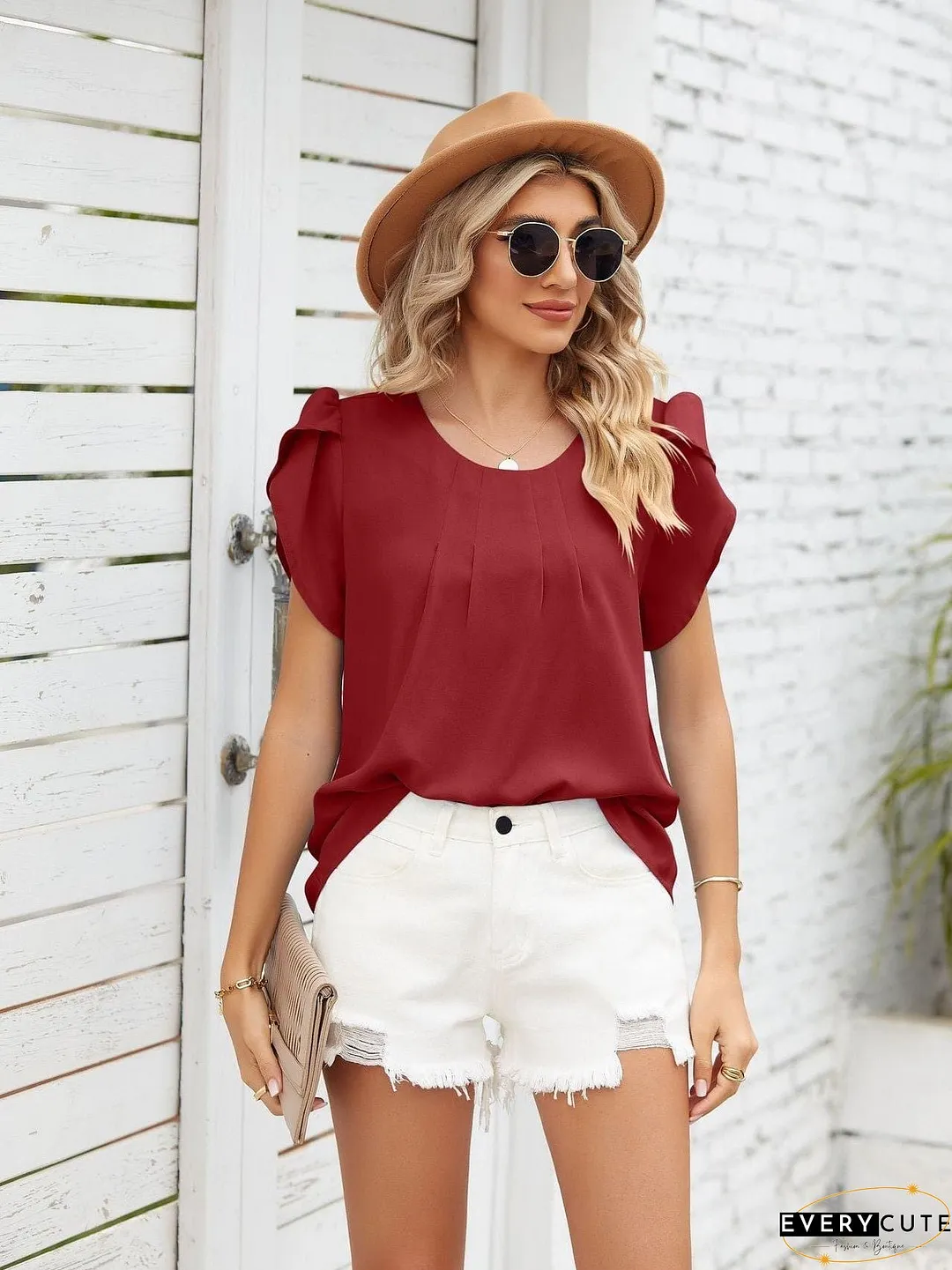 Loose-Fitting Short Sleeve Mock Neck Top