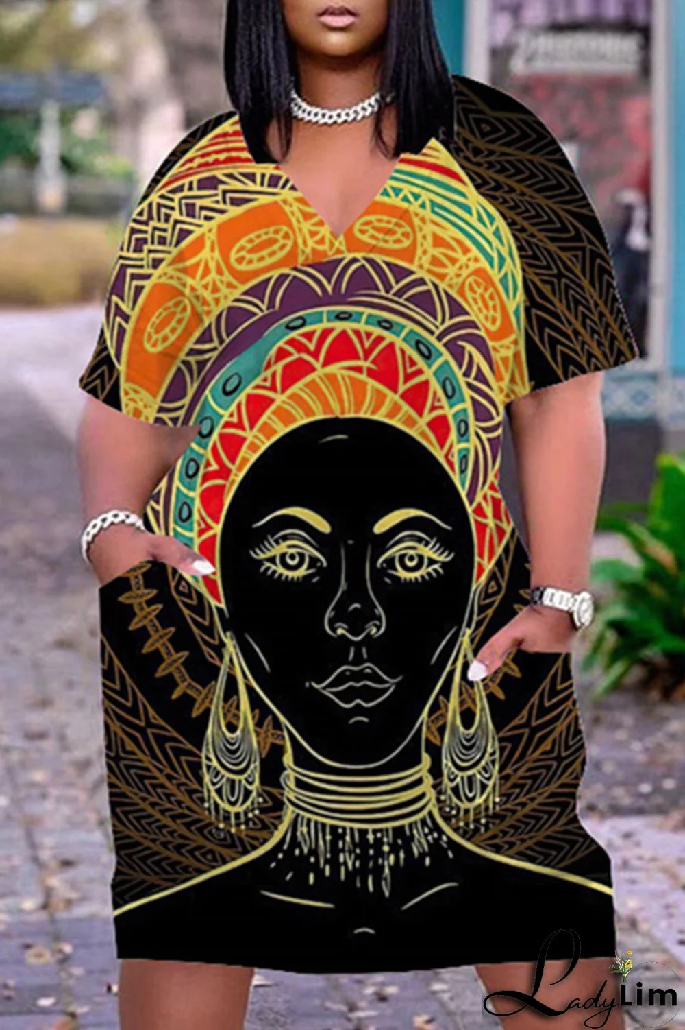 Green Yellow Fashion Casual Print Basic V Neck Short Sleeve Dress