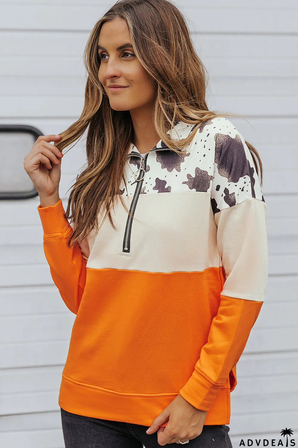 Cow Print Color Block Zip-Up Pullover Sweatshirt