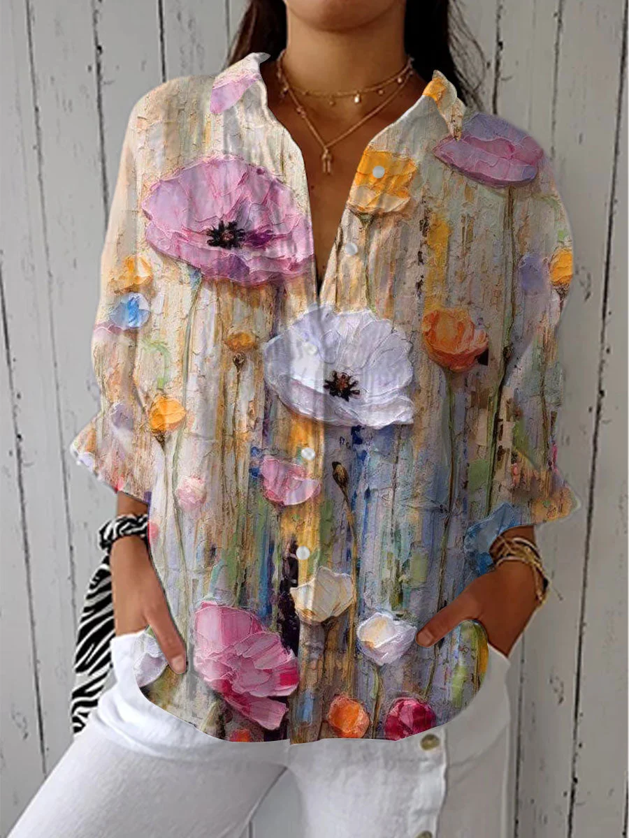 Women's  Vintage Flowers Art Print Casual Linen V-neck Shirt