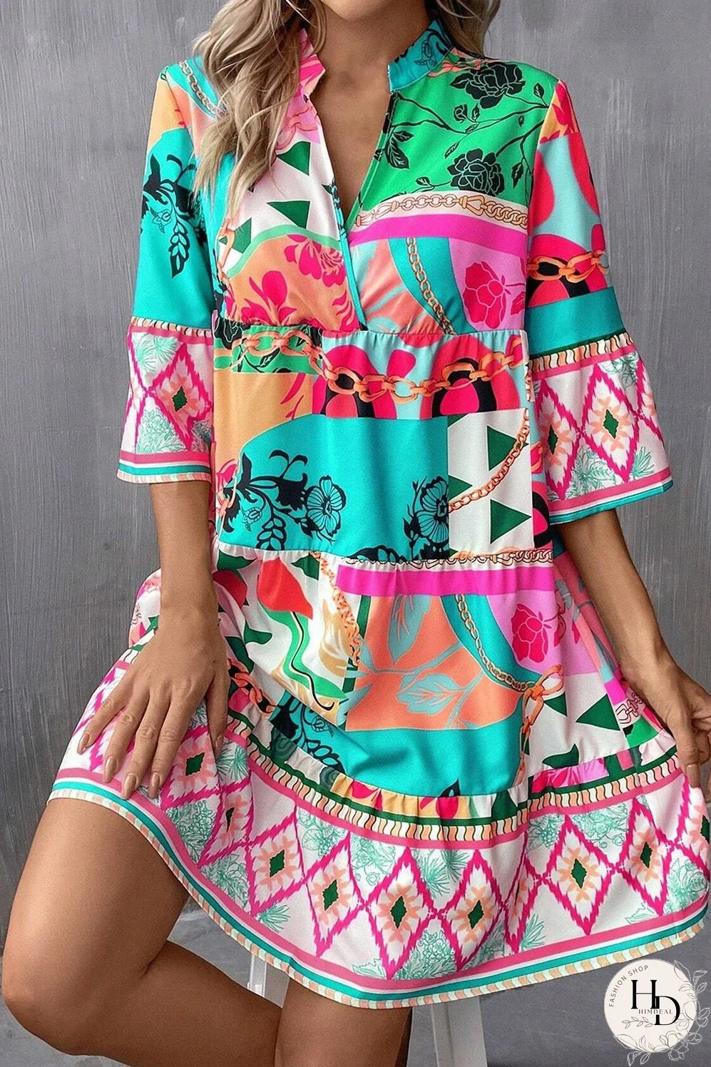 Printed Surplice Half Sleeve Mini Dress