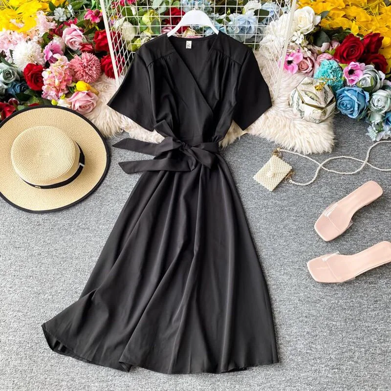 2020 Solid color Summer Women Dress Short sleeve Sexy V-neck Ruffles Chiffon Dress Vintage Elegant Lady A Line Bandage Dresses