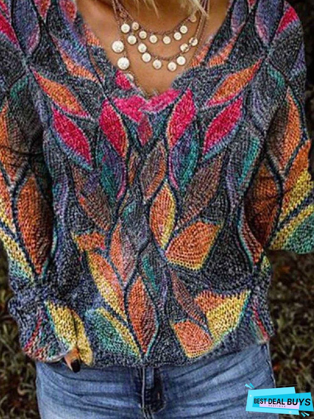 Long Sleeve Leaves V Neck Floral-Print Tops