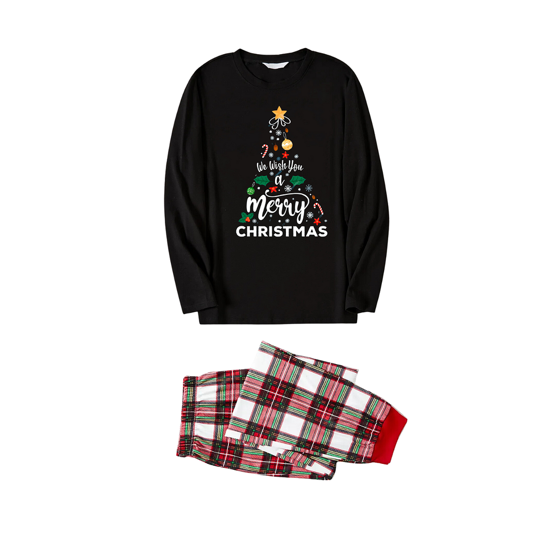 "We Wish You a Merry Christmas" Printed Pattern Black Long Sleeve Top with Red & Green & White Plaid Family Matching Pajamas