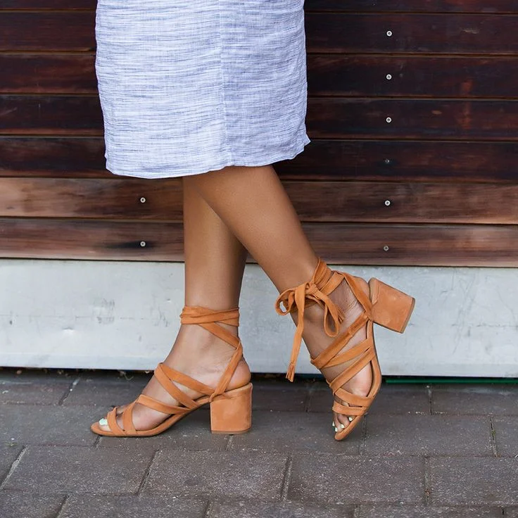 Tan Strappy Sandals Vegan Suede Lace up Chunky Heels for Women |FSJ Shoes