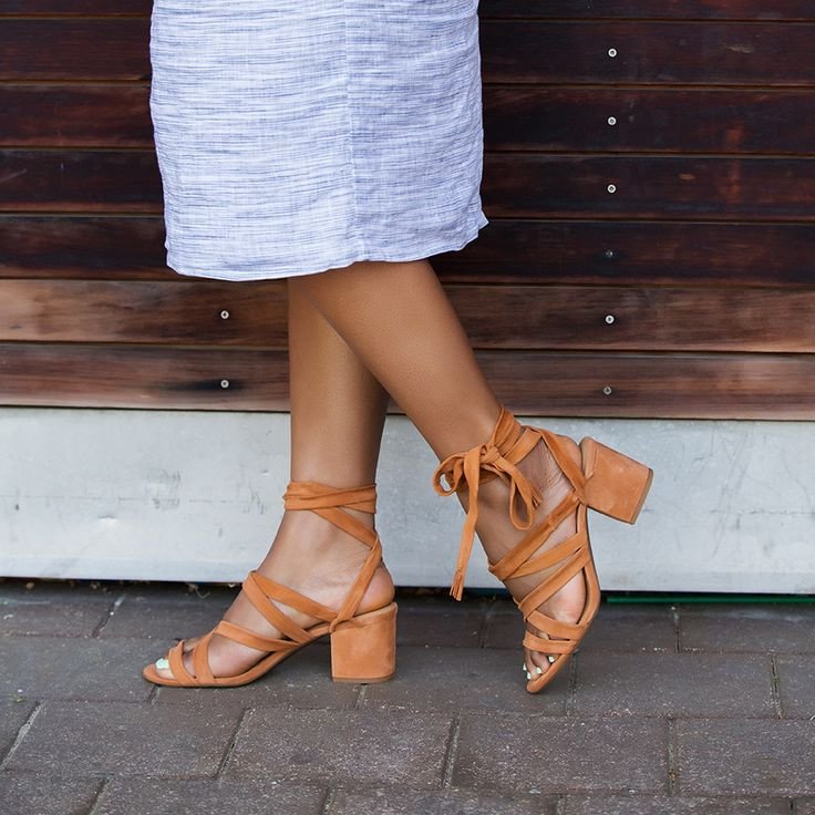 Tan Strappy Sandals Suede Lace up Chunky Heels for Women |FSJ Shoes