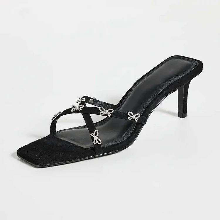 Black Vegan Suede Square Toe Bow Crystal Kitten Heel Mules Sandals |FSJ Shoes