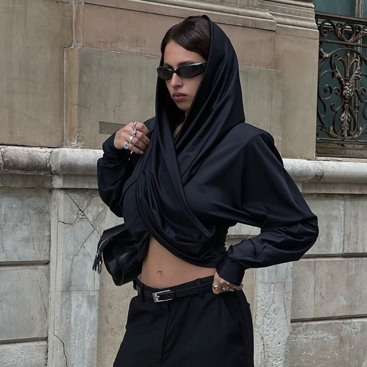 Ootddress Fashion Satin Hoodie Y2k Top For Women Long Sleeve Bandage Patchwork Solid Sexy Vintage Cropped Top Ladies Crop top Tee