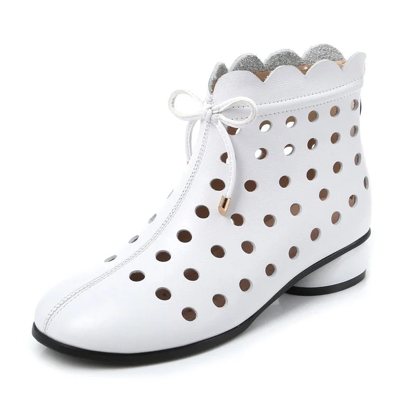 GKTINOO 2022 Summer Ankle Boots Genuine Leather Shoes Women Med High Heel Back Zipper Boots Cutout breathable Mujer Zapatos