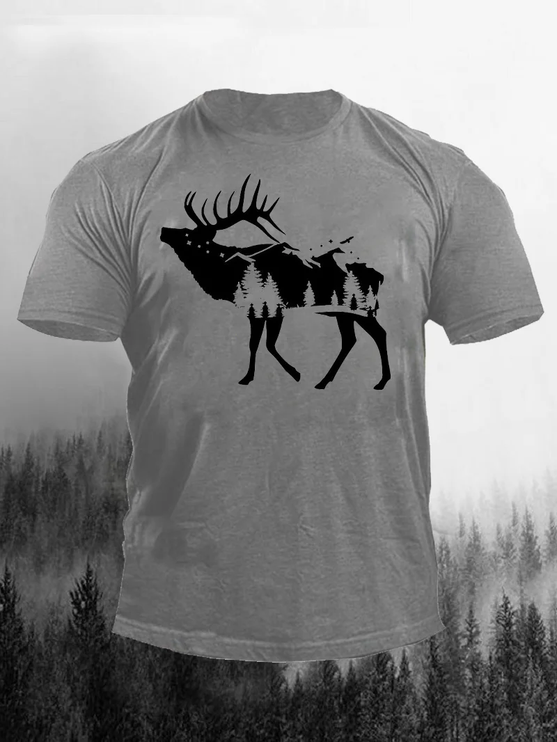 Round Neck Forest Elk Printed T-Shirt in  mildstyles