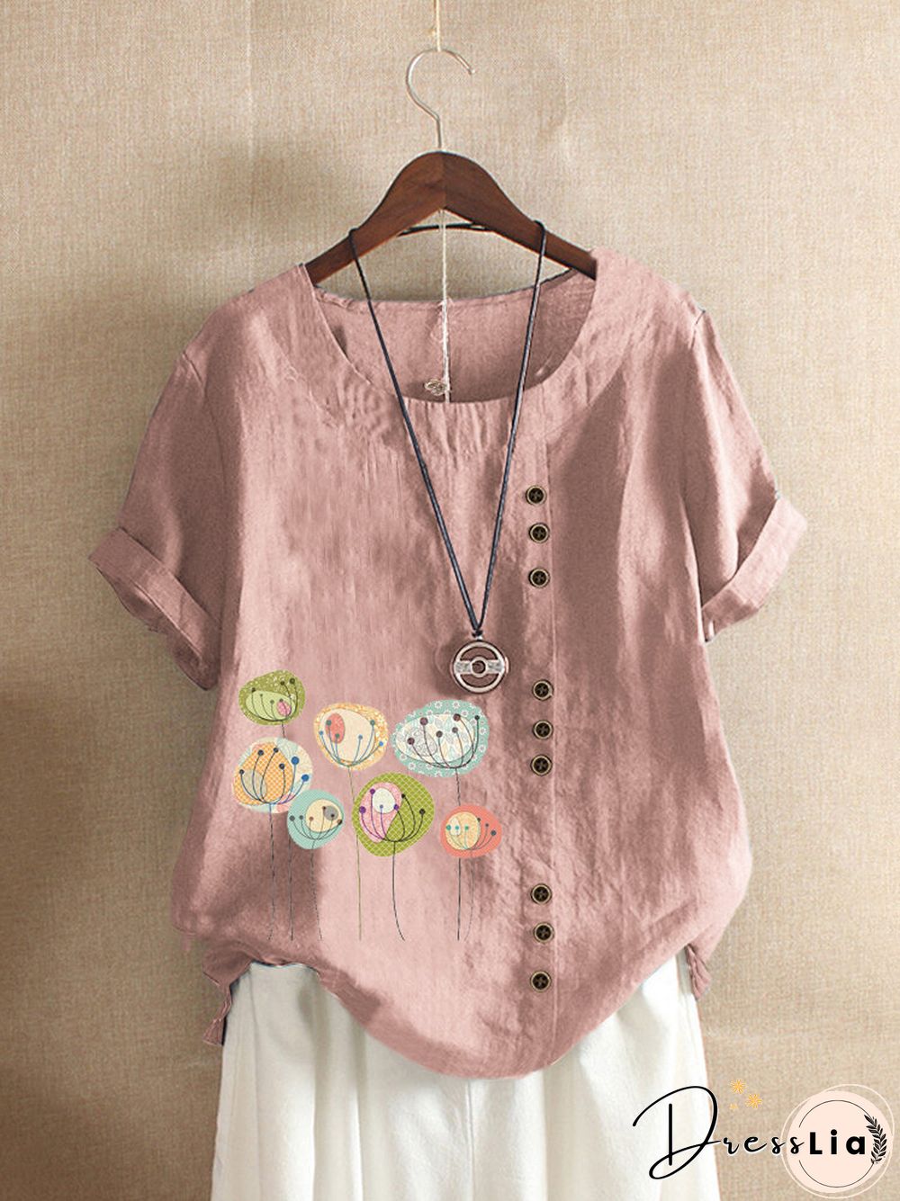 Button Cartoon Floral Print Short Sleeve Casual T shirt P1509230