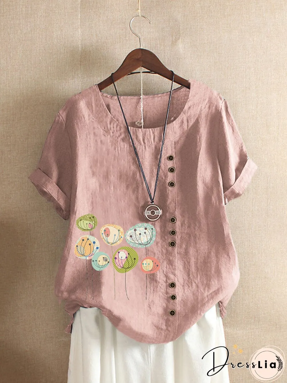 Button Cartoon Floral Print Short Sleeve Casual T shirt P1509230