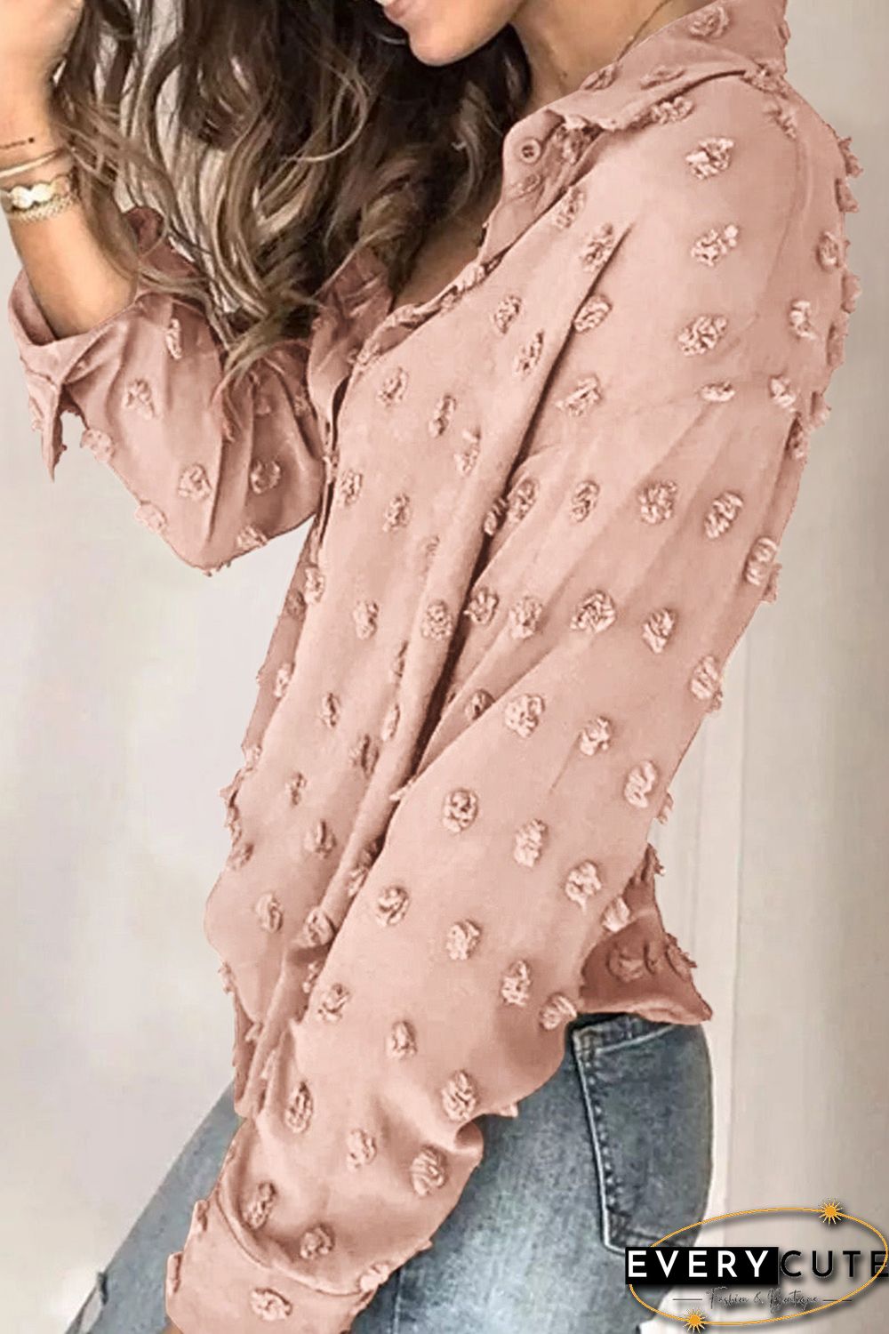 Khaki Long Sleeve Button Fuzzy Polka Dot Shirt