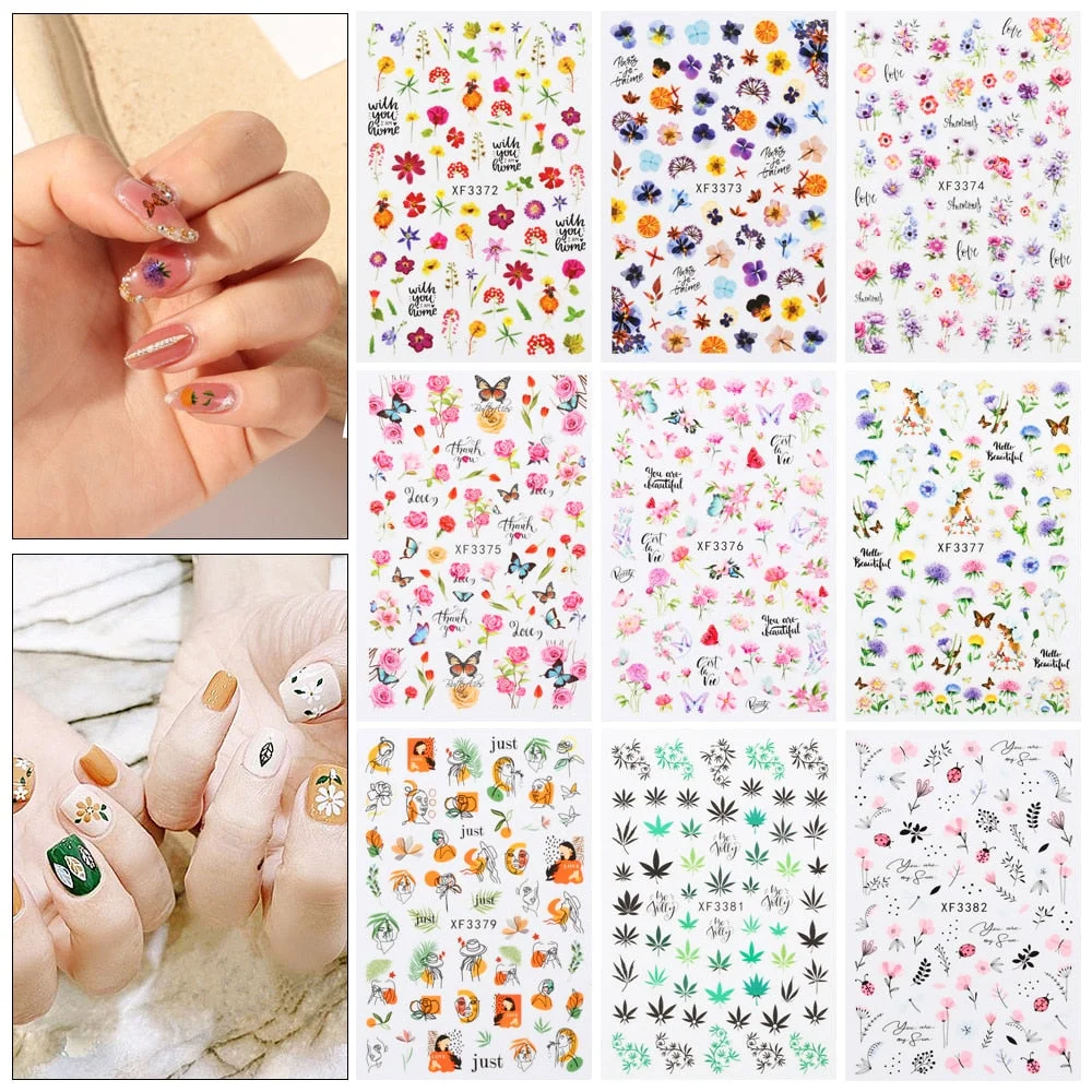 12 Sheets 3D Nail Stickers Colorful Floral Green Leaves Flower Design Spring Summer Decals Slider Colorful DIY Nail Art Decorate-Nail Inspo