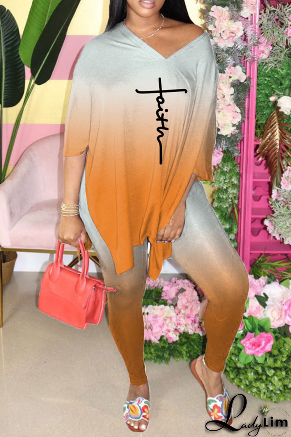 Black Casual Gradual Change Print Patchwork Slit V Neck Half Sleeve Two Pieces