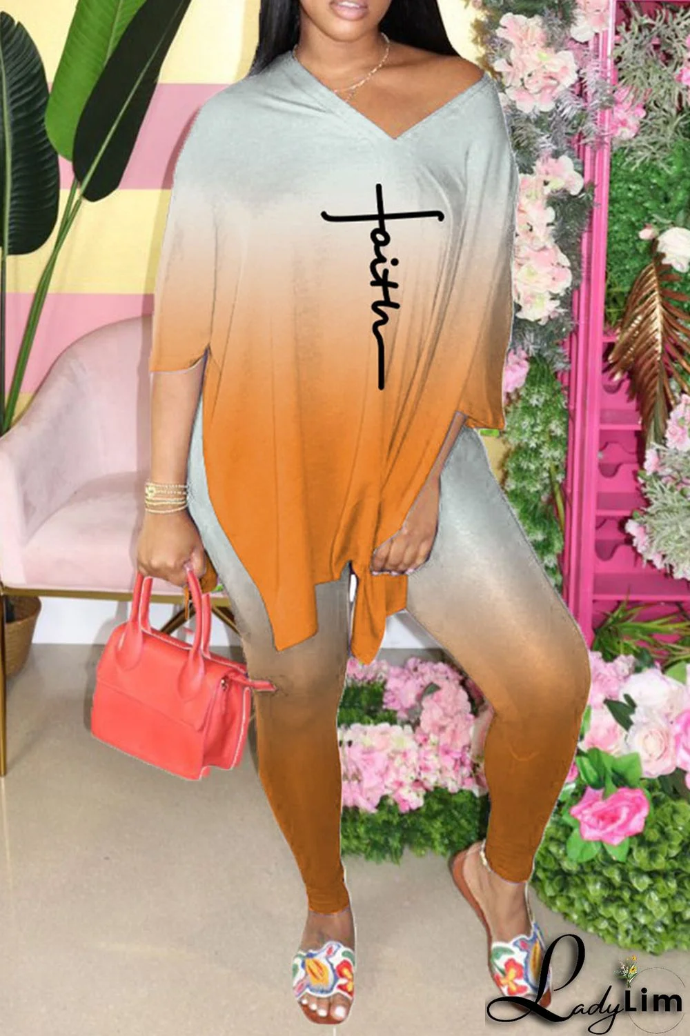 Black Casual Gradual Change Print Patchwork Slit V Neck Half Sleeve Two Pieces