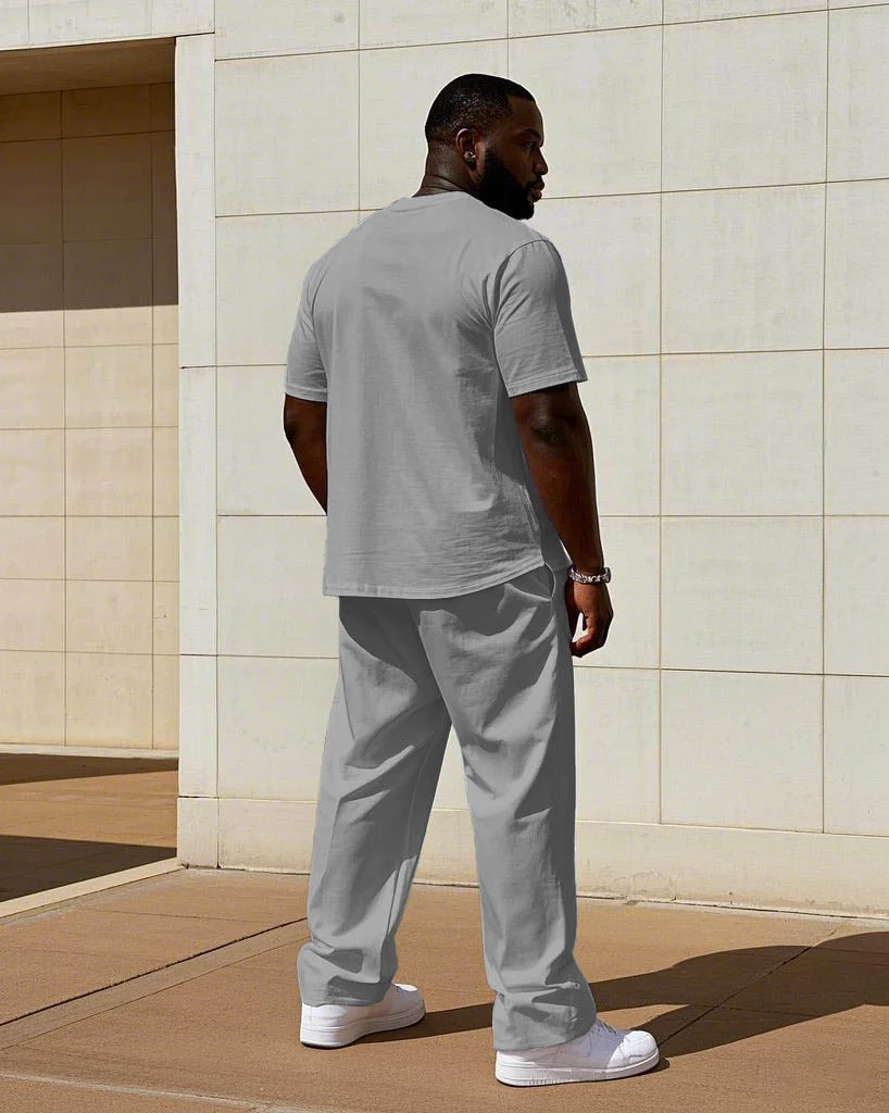 Men's Plus Size White & Grey Simple Colorblock Short-sleeved T-shirt Trousers Suit
