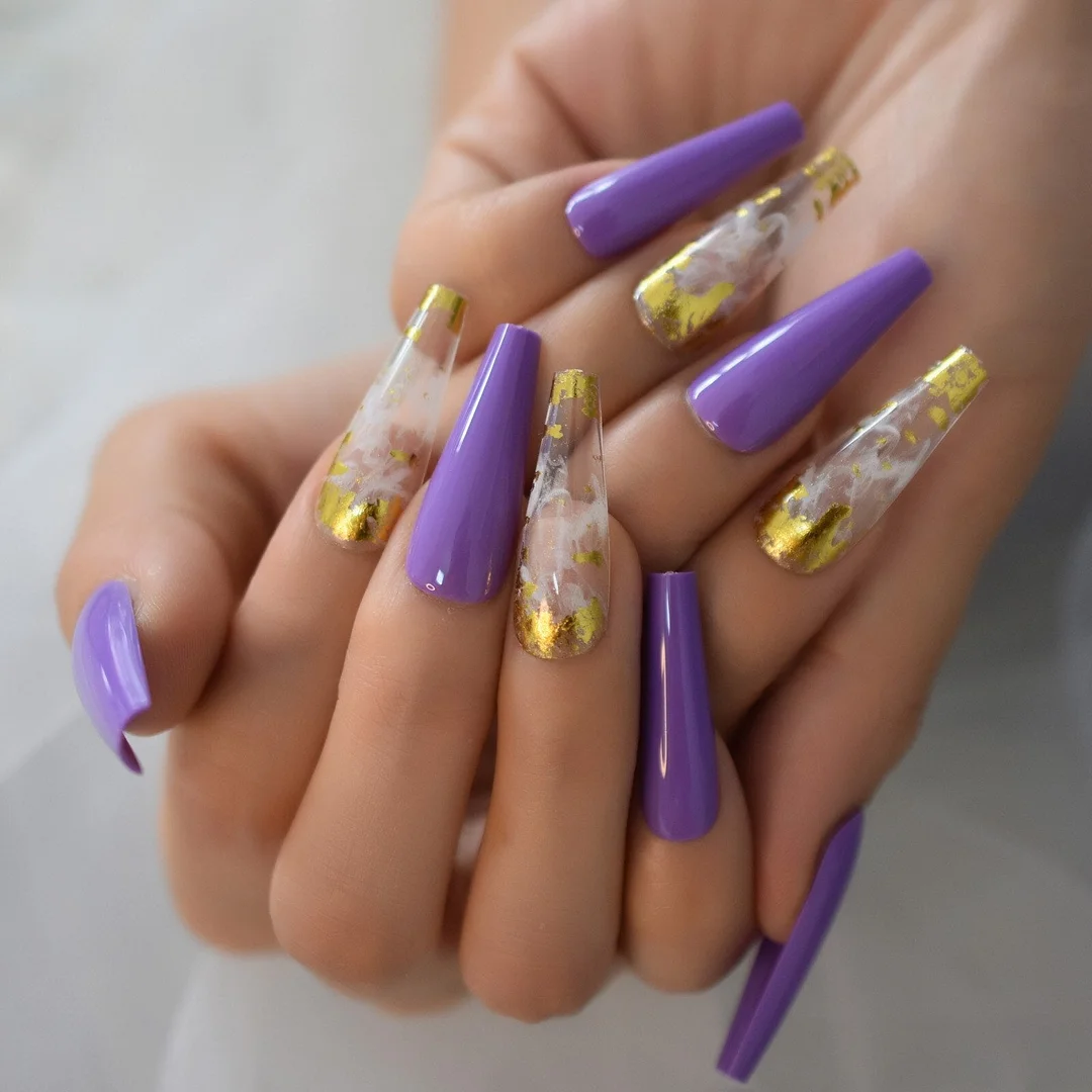 Glossy Nail Tips With 6pcs Foil Press On Nails 2021 Coffin Fingernails Extra Long Manicure With Design Supplies For Professional-Nail Inspo