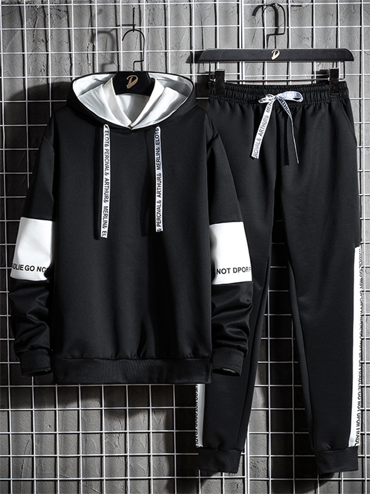 Men's Tracksuit Sweatsuit Jogging Suits Black White Hooded Letter Patchwork 2 Piece Sports & Outdoor Daily Streetwear Cool Casual Spring & Fall Clothing Apparel Hoodies Sweatshirts