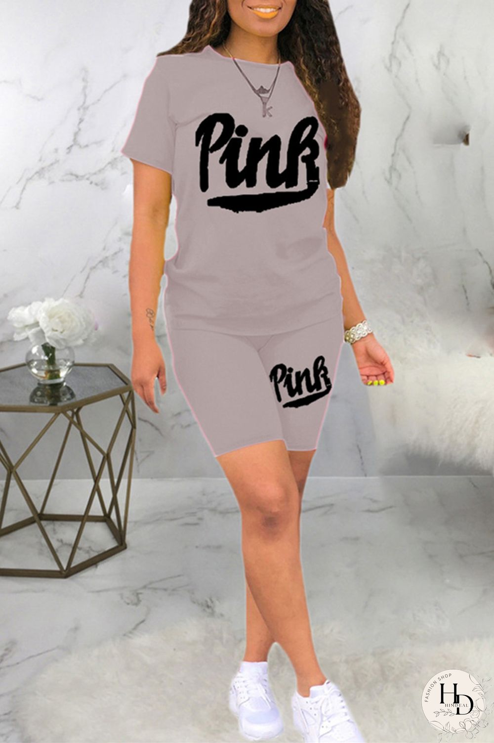 Black Fashion Casual Letter Print Basic O Neck Short Sleeve Two Pieces