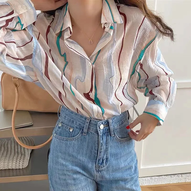 Brownm Brownm Shirt Woman New Korean Ins Folded Striped Loose Long-Sleeved Shirt Top Female Thin
