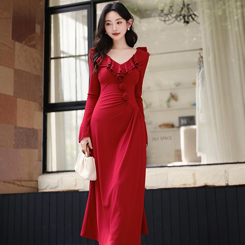 Puella Long Sleeve Slim Fit Dress Elegant Ladylike Lace Trim Maxi Dress Fashionable Autumn Wear V Neck Solid Color High Waist
