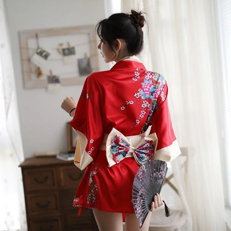 Billionm Women Sexy Sakura Kimono Lovely Japanese Uniform Robe Floral Bathrobe Short Robe Night Bathrobe Fashion Dressing Gown