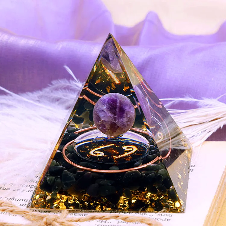 Olivenorma Amethyst Sphere With Obsidian Zodiac Cancer Orgone Pyramid