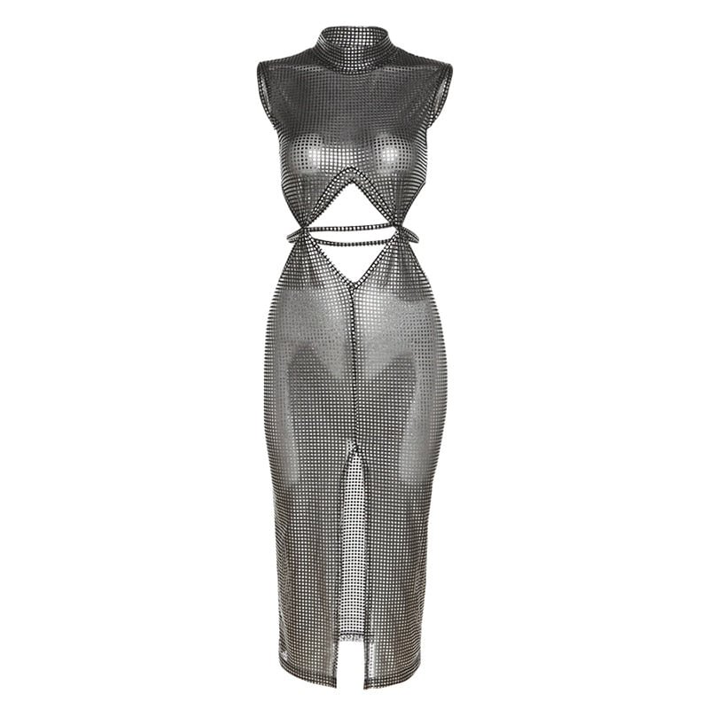 Weird Puss Hollow Double Layer Dress Women Solid Bling Waistless Turtleneck Split Sexy Bodycon Stretch Skinny Midnight Partywear