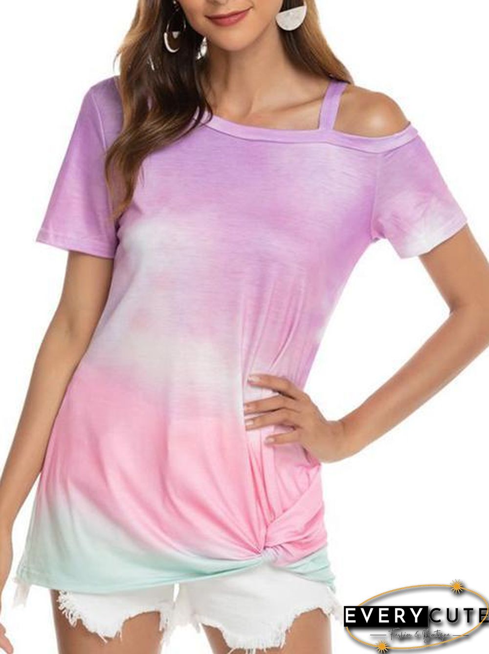 Gradient Color Cold Shoulder Twisted T-Shirt
